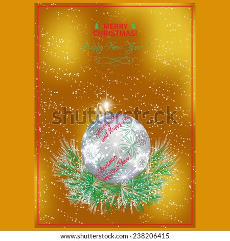 Christmas menu. Pine branches and Christmas ball on blurred background