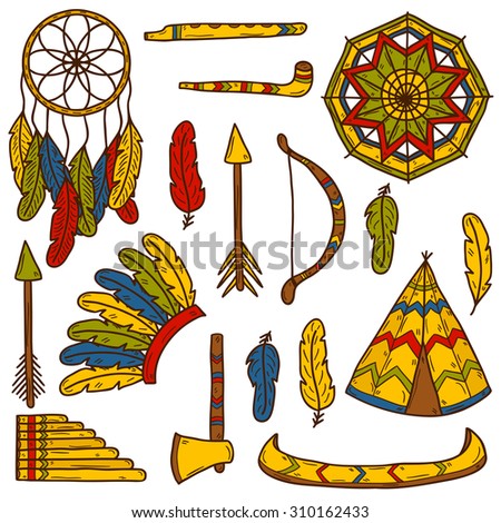 Set Of Cartoon Hand Drawn Objects On Injun Theme: Tomahawk, Feather ...