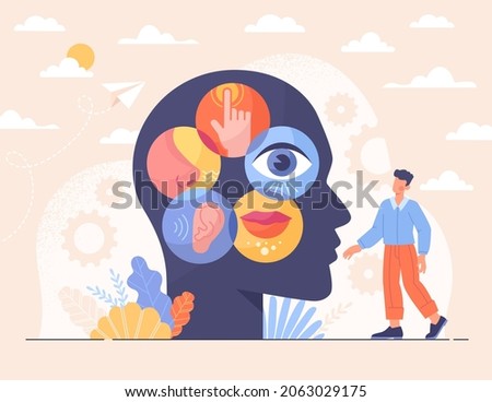 Concept of perception. Man next to silhouette of head. Sense organs, knowledge of world, hearing, sight, taste, smell, sensitivity. Empathy metaphor, communication. Cartoon flat vector illustration