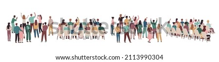 Rear view of academic auditorium, fan audience, people crowd. Set of viewers of performance. Standing and sitting spectator backs. Cartoon flat vector collection isolated on white background Foto stock © 