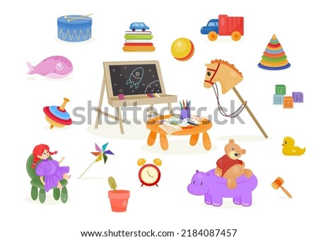 Cute baby toys set. Plastic cubes, drums, truck and chalk board or plush doll, shark or bear. Items for entertainment, play and education of children. Cartoon flat vector collection isolated on white