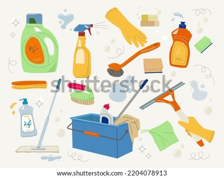 Set of Various Cleaning items. Household equipment and detergents. Spray, mop, rag, soap, bucket and bottles. Design elements for stickers. Cartoon flat vector collection isolated on beige background