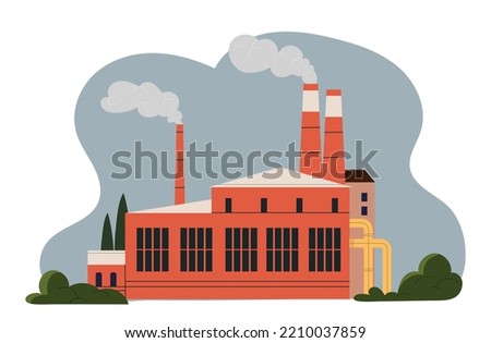 Red factory concept. Large buildings with chimneys that emit smoke. Production of goods, processing. Industrial era, release of hazardous waste and substances. Cartoon flat vector illustration