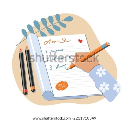 To do list concept. Character writes goals and objectives in notebook. Time management and motivation. Hardworking employee or student. Poster or banner for website. Cartoon flat vector illustration