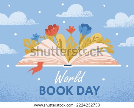 World book day. International holiday and festival. Poster or banner for website. Literature, education and training. Greeting and invitation postcard design. Cartoon flat vector illustration