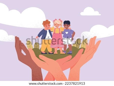 Protection of children. Big hands hold little boys and girls. Poster or banner for website. Positivity and optimism, love and support, happiness and playful kids. Cartoon flat vector illustration