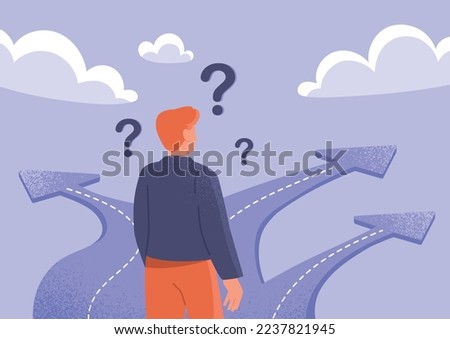 Path choice concept. Man stands at fork with three roads. Young guy determines path of life and makes decision. Metaphor for thought process. Graphic element for site. Cartoon flat vector illustration Foto d'archivio © 