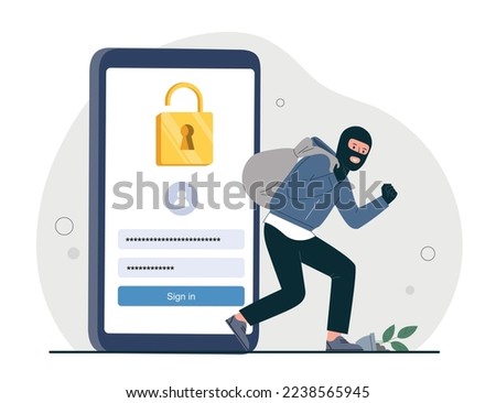 Stealing money concept. Man in mask with bag on background of smartphone. Security of personal data on Internet. Criminal and scammer, hacker hacked gadget and device. Cartoon flat vector illustration