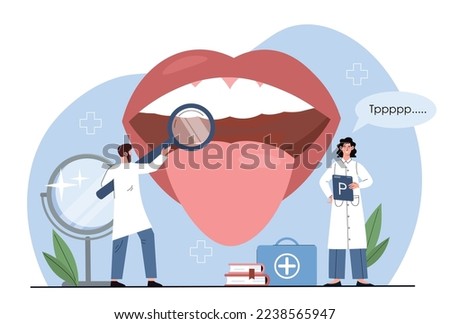 Speech therapist concept. Man with magnifying glass and woman with check list study lips and tongue, speech apparatus. Speech therapists teach to pronounce words. Cartoon flat vector illustration