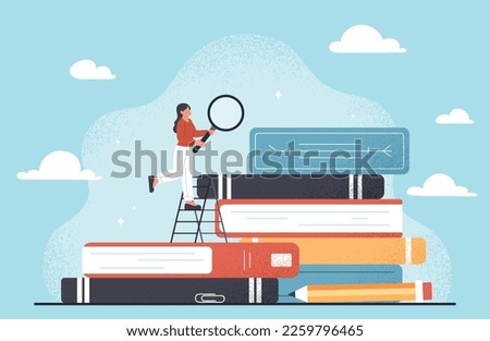 Growth education concept. Young girl with magnifying glass walks through books. Training, learning and self development, ambitions. Knowledge and information. Cartoon flat vector illustration