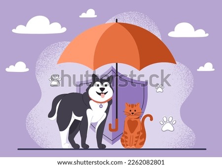 Pet insurance concept. Dog and cat under red umbrella near to shield. Medical care and veterinary clinic, animal health care. Security coverage and protection. Cartoon flat vector illustration