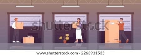 Small mini warehouse. Men and woman with cardboard boxes in front of garage door. Logistics and transportation of goods. Self storage unit, personal items. Cartoon flat vector illustration