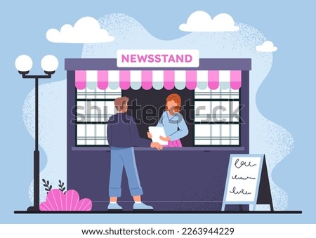 News stand concept. Man buys newspapers in stall. Seller and buyer, knowledge and information. Young guy standing at kiosk with press from mass media. Cartoon flat vector illustration