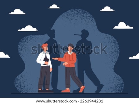 Liar shadow concept. Man with shadow with big nose pinocchio. Dishonest character lying, unverified information. Dialogue and discussion. Bad political leader. Cartoon flat vector illustration