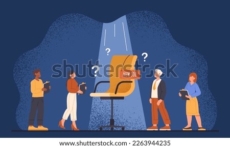 Job chair spotlight. Metaphor for choosing candidates for vacancy. Expansion of company or organization, recruiting. We hiring concept. Join employee spot. Cartoon flat vector illustration