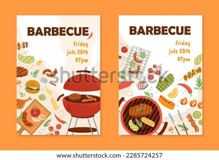 Barbecue flyer templates set. Collection of graphic elements for website. Grill with meat and vegetables. Tasty, but junk fast food. Cartoon flat vector illustrations isolated on orange background