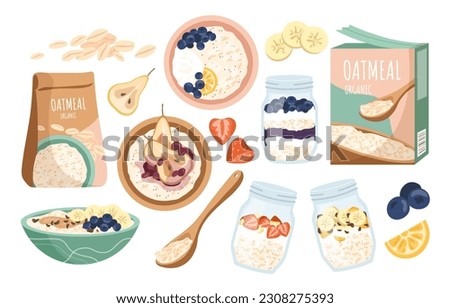 Oatmeal breakfast set. Morning healthy breakfast, cereals and porridge with milk and fruits. Vegetarian diet and proper nutrition. Cartoon flat vector collection isolated on white background