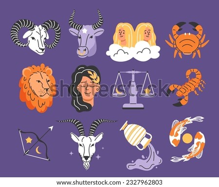 Set of astrological zodiac signs. Libra, Pisces, Cancer, Virgo, Sagittarius, Leo and Scorpio. Astrology and astronomy, esoterics. Cartoon flat vector collection isolated on violet background