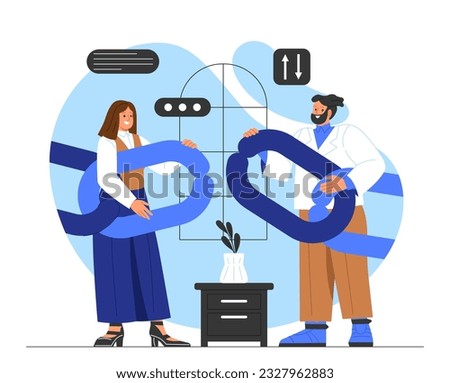 People with missing link concept. Wrong site or web page address. Correction of errors in code and technical support, IT specialists. Poster or banner. Cartoon flat vector illustration