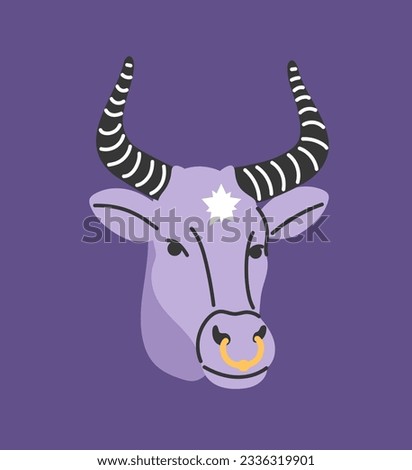 Astrological zodiac Taurus sign concept. Mysticism and esotericism, occultism. Sticker for social networks and messengers. Cartoon flat vector illustration isolated on violet background