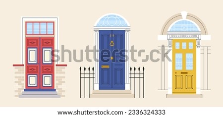 Set of front doors. Exterior and facade for home or house. Real estate and private property. Entrance to cottage, townhouse and home. Cartoon flat vector collection isolated on beige background