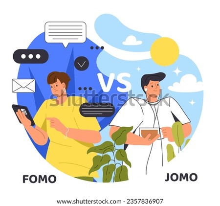 Fomo vs jomo concept. Woman with tablet versus man with cup of tea. Girl communicates in social networks in comparison with pensive lonely guy. Psychological types. Cartoon flat vector illustration