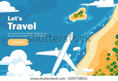 Aiplane poster top view concept. International travel and tourism. Plane flights above bach with sea or ocean. Holiday and vacation in tropical countries. Cartoon flat vector illustration