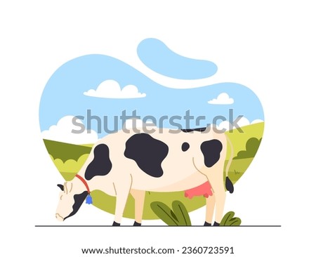 Milk production process concept. Cow at lawn eating. Farming and agriculture. Natural and organic dairy products. Cartoon flat vector illustration isolated on white background