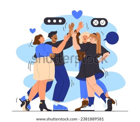 People giving high five concept. Men and women give five each other. Teamwork, colleagues and partners greet. Cheerful office workeers or students. Cartoon flat vector illustration