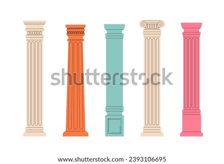 Column line art set. Beige, pink and blue marble decor elements. Greek and Rome architectuire in doodle style. History and culture. Cartoon flat vector collection isolated on white background