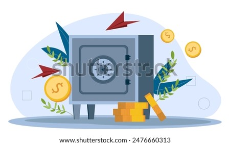 Safe with golden coins. Safe box with cash. Banking services. Savings and budget. Budgeting and accounting. Money safety and protection. Cartoon flat vector illustration isolated on white background