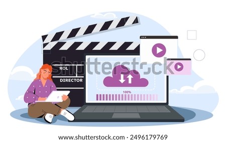 Woman uploading video. Young girl near laptop uploads video to cloud service. Production of entertainment content for social networks and video hostings. Flat vector illustration