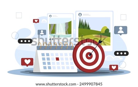 Development social media. Calendar next to social media posts. Promoting content on Internet and social networks. SMM and SEO. Flat vector illustration isolated on white background