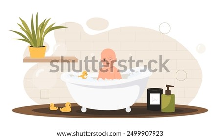 Baby in bathroom. Toddler sits in bathtub in soap foam with rubber ducky. Cleanliness and hygiene. Kid with shampoo in bathtub. Flat vector illustration isolated on white background