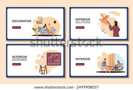 Interior designer posters set. Man and woman sitting on sofa and at table. Young girl with paintroller and blueprint of room. Furnishing apartment. Flat vector collection isolated on beige background