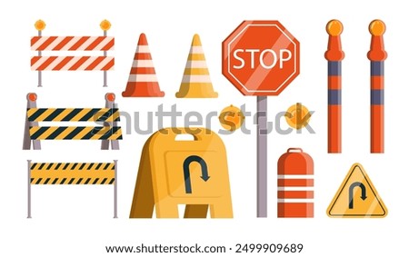 Road barriers set. Various traffic signs and cones near stop roadsign. Traffic control during construction and repairs. Navigation and direction. Flat vector collection isolated on white background