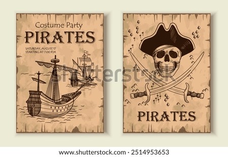 Posters with pirates set. Drawing ship and skull with sabers. Invitational postcard for birthday party. Nautical trip and adventure. Flat vector collection isolated on white background