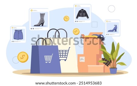 Online shopping concept. Shopping bags with clothes. Electronic commerce, cashless transfers and transactions. Logistics and transportation, home delivery. Flat vector illustration