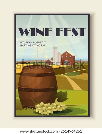 Wine fest poster. Wooden barrel near grape. Alcoholic drink and beverage. Vineyard and winemaking, winery. Brochure or cover. Flat vector illustration isolated on beige background