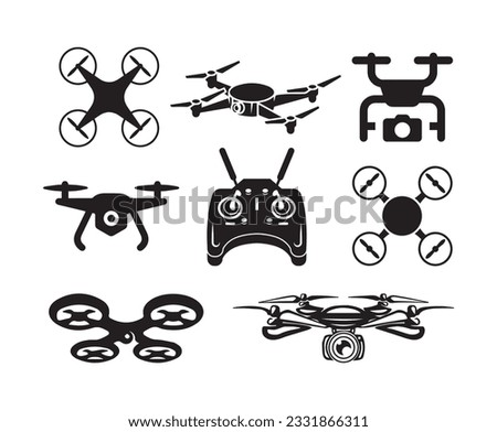 design vector icon illustration. flying drone icons set. air. Remote Control. collection or set of flat web signs. drone with video camera. take off. technologies
