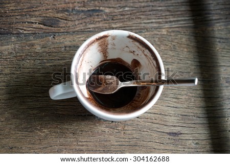 stain of hot chocolate in white cup with spoon after drink on old wooden table