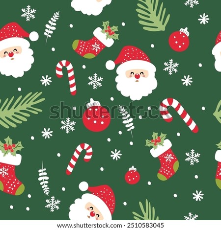 Seamless Christmas Pattern with Santa Claus, Candy Canes, Ornaments, and Snowflakes on Green