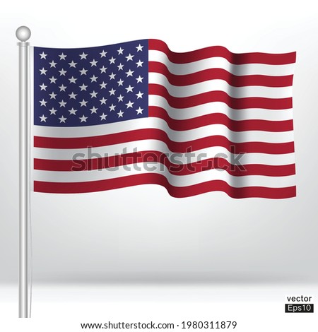 Waving USA flag on a metallic pole isolate on white background. The American flag,
The Stars and Stripes
Red, White, and Blue.Old Glory. American flag sign. Vector illustration sign.