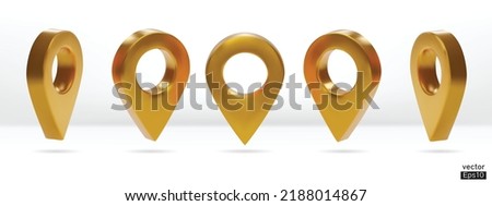 Set of map pointer isolated on white background. Gold location pin or navigation. 3D Locator mark of map pointer, symbol, position. 3D vector illustration.