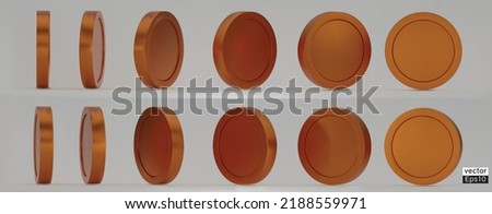 Set of rotating copper coins in different angles isolated on white background. Bronze medal set. Use for gambling games, jackpot Cash treasure concept. 3d vector illustration.