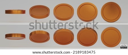 Set of rotating copper coins in different angles isolated on white background. Bronze medal set. Use for gambling games, jackpot Cash treasure concept. 3d vector illustration.