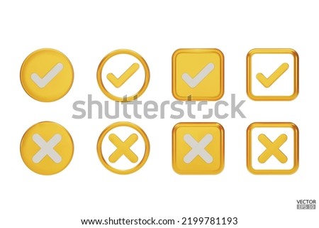 set of 3D gold Checkmark and X mark icon set. Checkmark right symbol, tick sign. check and uncheck for web and mobile apps. 3D vector illustration.
