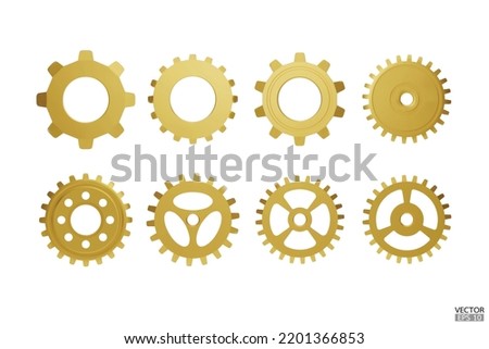 3D gold Gear icon set. Golden Transmission cogwheels and gears are isolated on white background. Yellow Machine gear, setting symbol, Repair, and optimize workflow concept. 3d vector illustration.