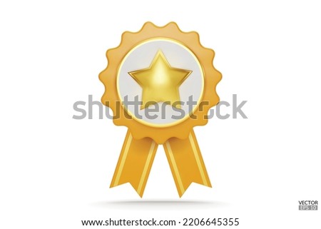 3D quality guarantees a medal with a star and ribbon. Yellow badge warranty icon isolated on white background. Realistic graphics Certificate Badge icon, award badge. 3D vector illustration.