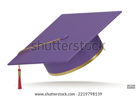 3D realistic Graduation university or college purple cap isolated on white background. Graduate college, high school, Academic, or university cap. Hat for degree ceremony. 3D vector illustration.